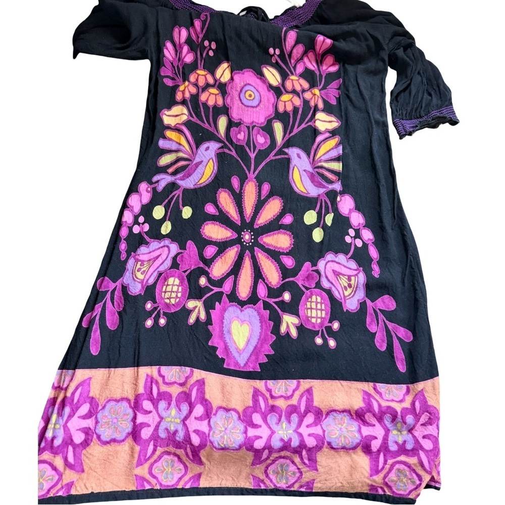 Black Boho Peasant Dress | Bird Floral Print | Smocked Neckline | Size M - Picture 7 of 11